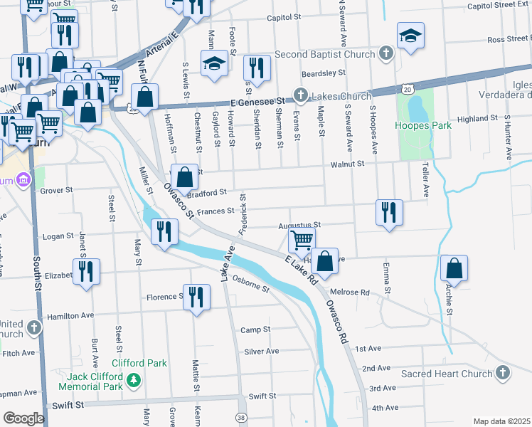 map of restaurants, bars, coffee shops, grocery stores, and more near 36 Frances Street in Auburn