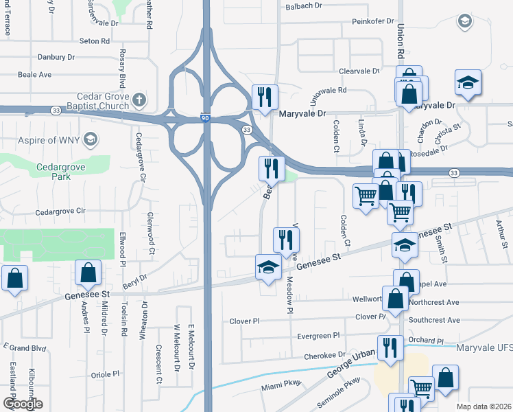 map of restaurants, bars, coffee shops, grocery stores, and more near 291 Fonda Drive in Buffalo