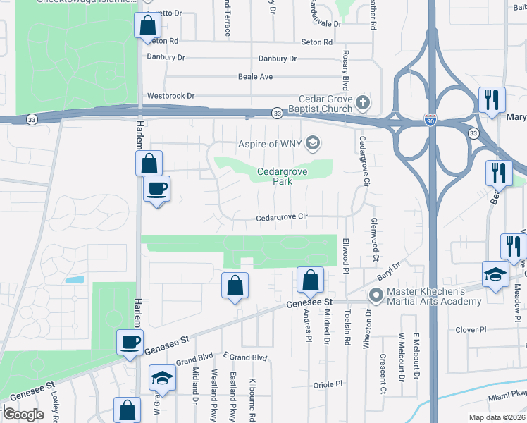 map of restaurants, bars, coffee shops, grocery stores, and more near 12 Starcrest Drive in Buffalo