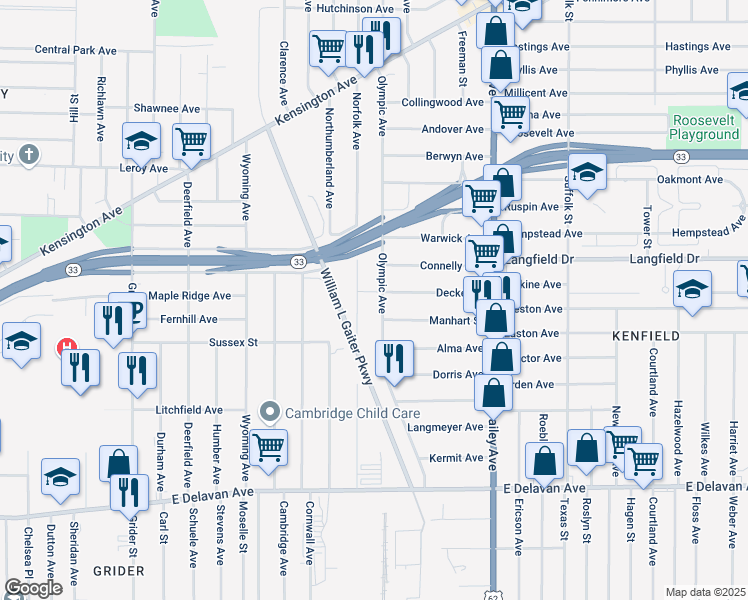 map of restaurants, bars, coffee shops, grocery stores, and more near 491 Norfolk Avenue in Buffalo