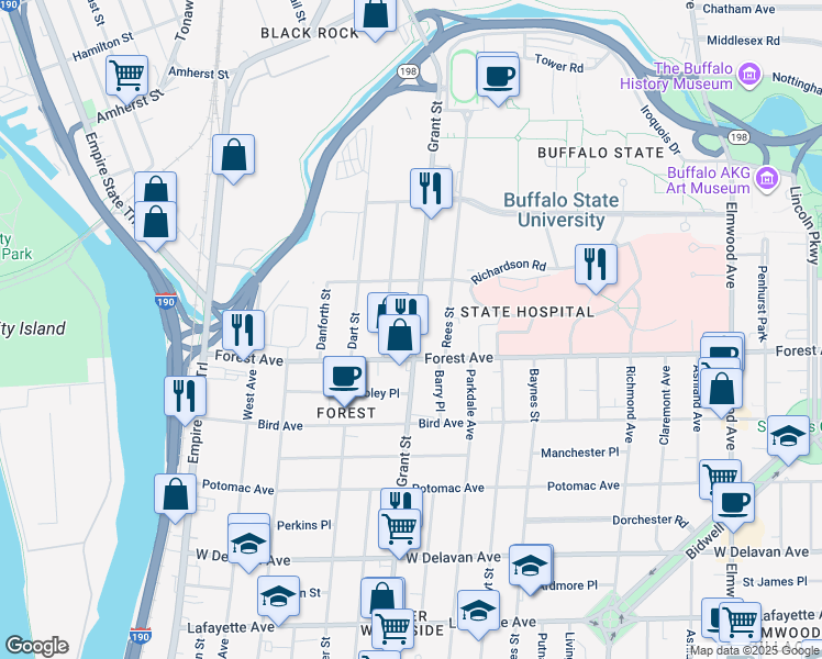 map of restaurants, bars, coffee shops, grocery stores, and more near 536 Grant Street in Buffalo