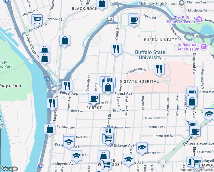 map of restaurants, bars, coffee shops, grocery stores, and more near 536 Grant Street in Buffalo