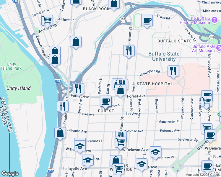 map of restaurants, bars, coffee shops, grocery stores, and more near 26 Hawley Street in Buffalo