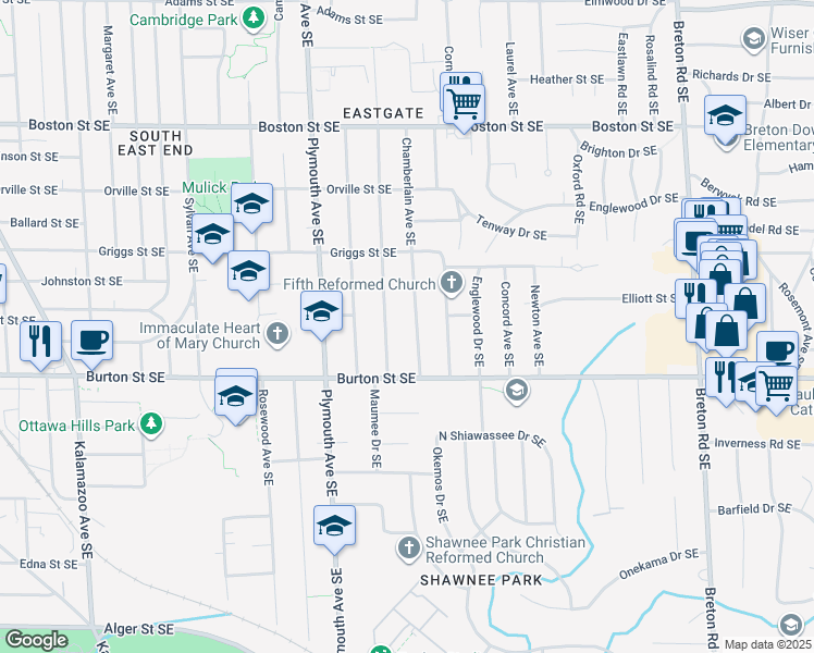 map of restaurants, bars, coffee shops, grocery stores, and more near 1910 Chamberlain Avenue Southeast in Grand Rapids