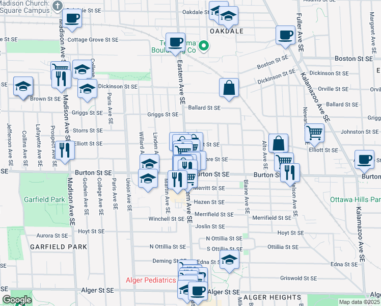 map of restaurants, bars, coffee shops, grocery stores, and more near 1919 Eastern Avenue Southeast in Grand Rapids