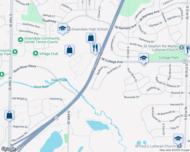 map of restaurants, bars, coffee shops, grocery stores, and more near 6661 Radburn Lane in Greendale