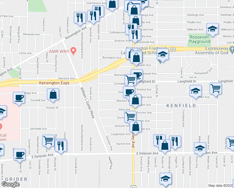 map of restaurants, bars, coffee shops, grocery stores, and more near 65 Decker Street in Buffalo