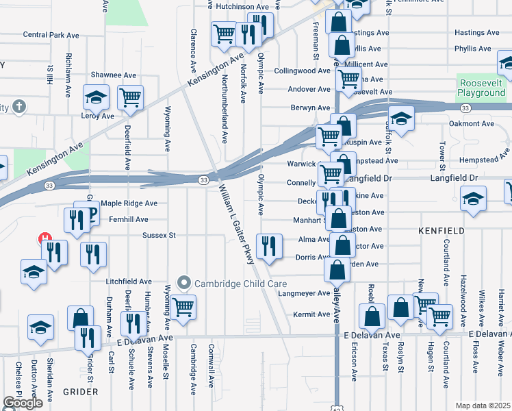 map of restaurants, bars, coffee shops, grocery stores, and more near 491 Norfolk Avenue in Buffalo
