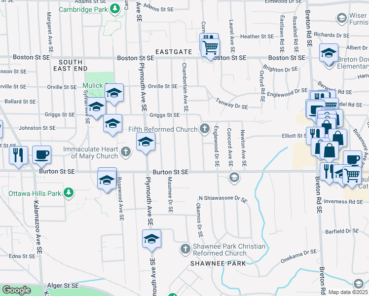 map of restaurants, bars, coffee shops, grocery stores, and more near 1910 Chamberlain Avenue Southeast in Grand Rapids