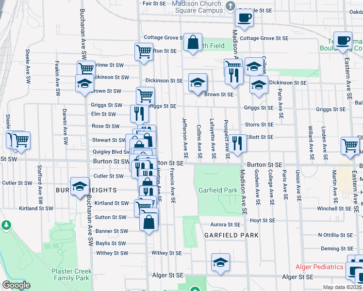 map of restaurants, bars, coffee shops, grocery stores, and more near 1941 Jefferson Avenue Southeast in Grand Rapids