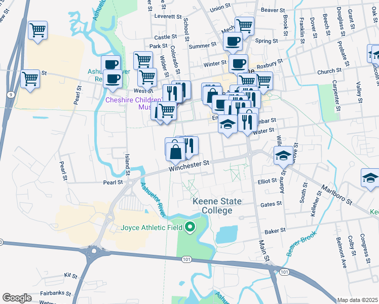 map of restaurants, bars, coffee shops, grocery stores, and more near 109 Winchester Street in Keene
