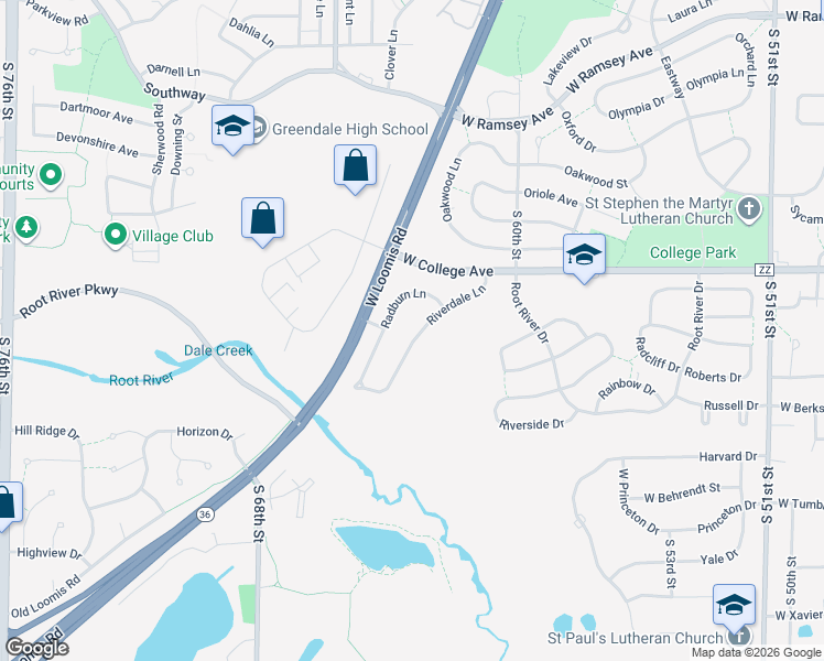 map of restaurants, bars, coffee shops, grocery stores, and more near 6561 Riverdale Lane in Greendale