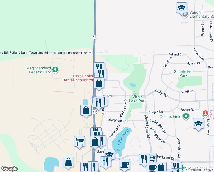 map of restaurants, bars, coffee shops, grocery stores, and more near 2308 Lake Woods Way in Stoughton