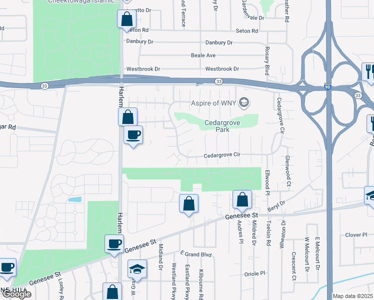 map of restaurants, bars, coffee shops, grocery stores, and more near 16 Shelby Drive in Buffalo