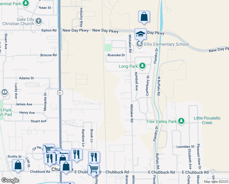 map of restaurants, bars, coffee shops, grocery stores, and more near 5253 Whitaker Road in Pocatello