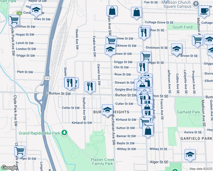 map of restaurants, bars, coffee shops, grocery stores, and more near 219 Quigley Boulevard Southwest in Grand Rapids