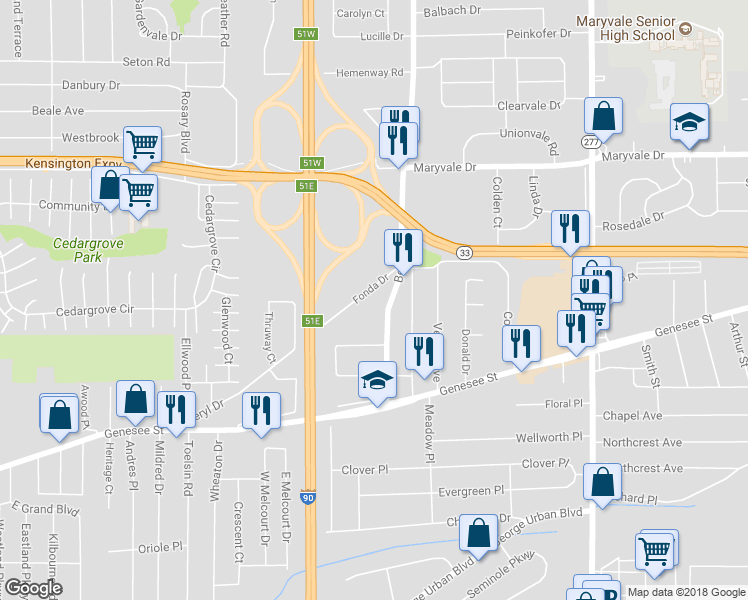 map of restaurants, bars, coffee shops, grocery stores, and more near 291 Fonda Drive in Buffalo
