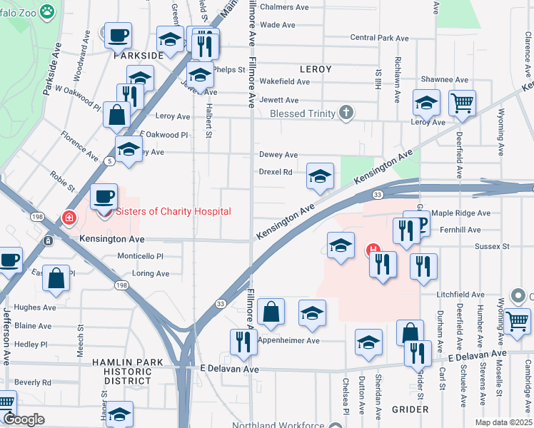 map of restaurants, bars, coffee shops, grocery stores, and more near 22 Verdun Avenue in Buffalo