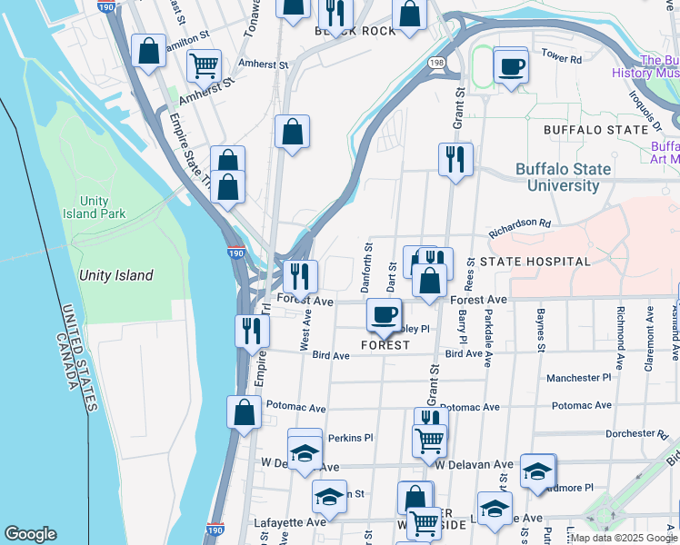 map of restaurants, bars, coffee shops, grocery stores, and more near 100 Forest Avenue in Buffalo