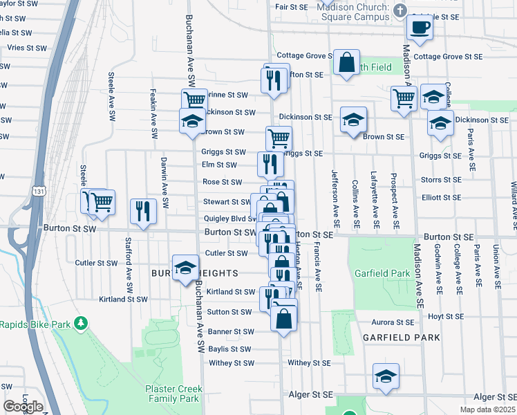 map of restaurants, bars, coffee shops, grocery stores, and more near 29 Quigley Boulevard Southwest in Grand Rapids