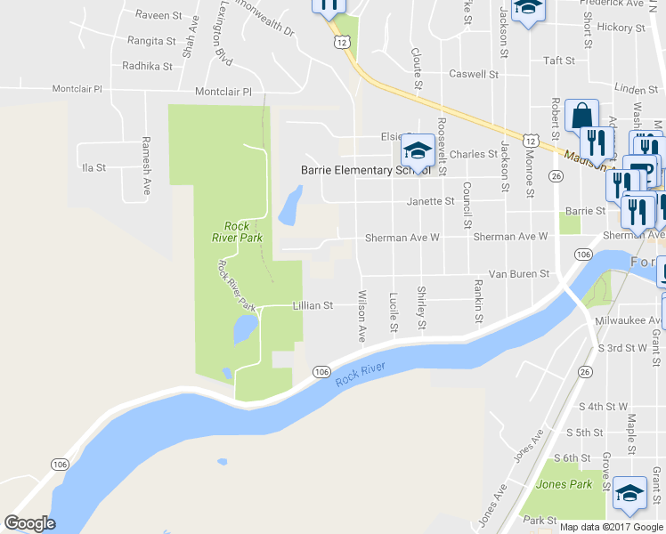 map of restaurants, bars, coffee shops, grocery stores, and more near 1222 Van Buren Street in Fort Atkinson