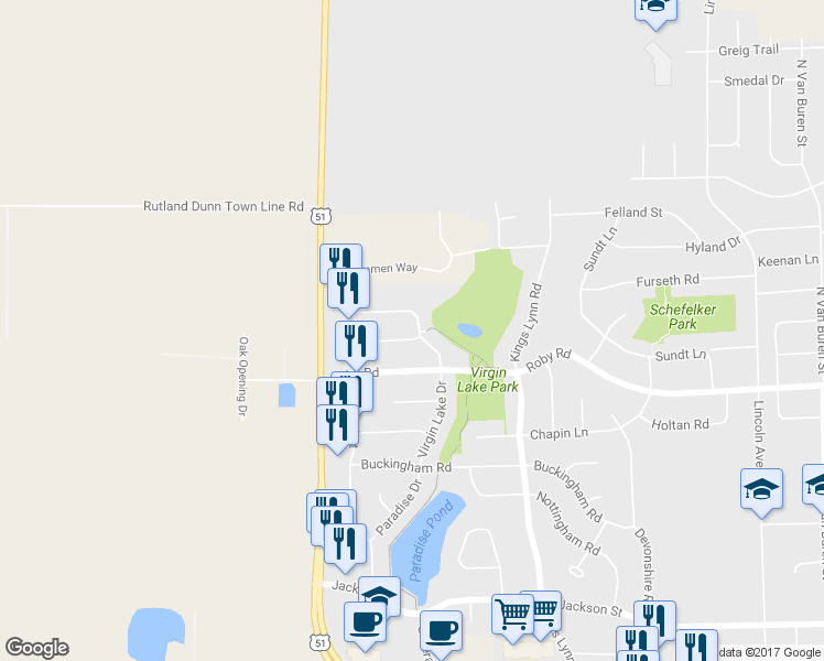 map of restaurants, bars, coffee shops, grocery stores, and more near 2200 Lake Woods Way in Stoughton