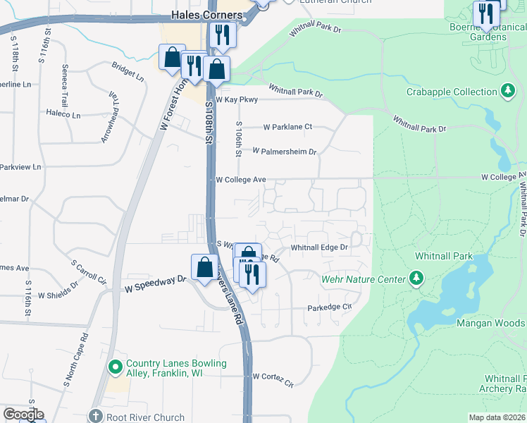 map of restaurants, bars, coffee shops, grocery stores, and more near 10415 Plum Tree Circle in Hales Corners
