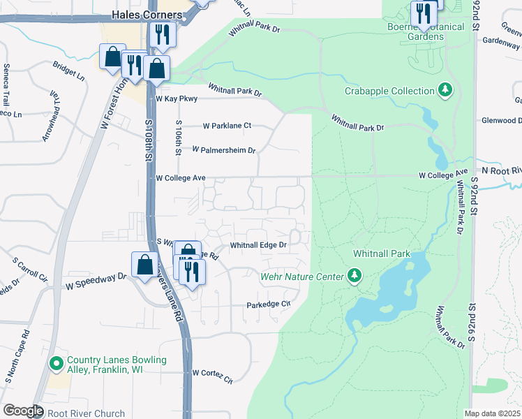 map of restaurants, bars, coffee shops, grocery stores, and more near 10405 Plum Tree Cir in Hales Corners