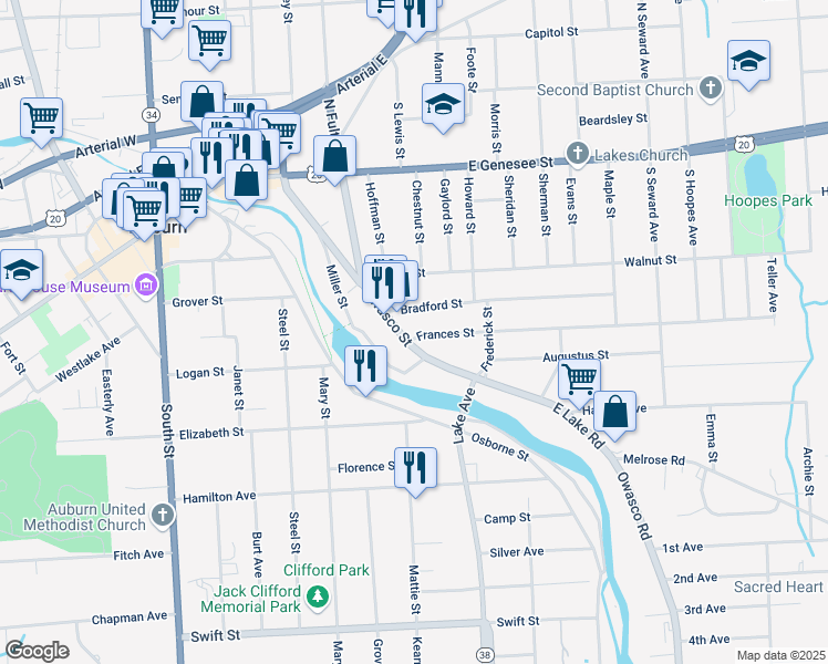 map of restaurants, bars, coffee shops, grocery stores, and more near 6 Frances Street in Auburn