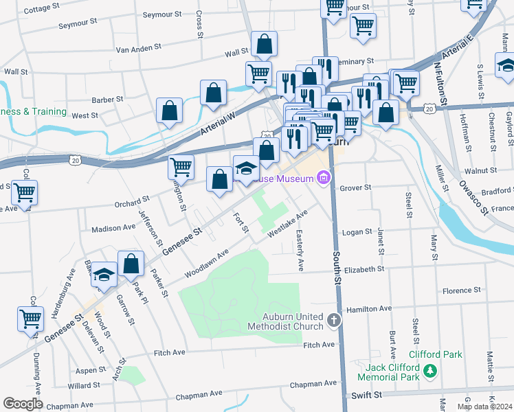 map of restaurants, bars, coffee shops, grocery stores, and more near 172 Genesee Street in Auburn
