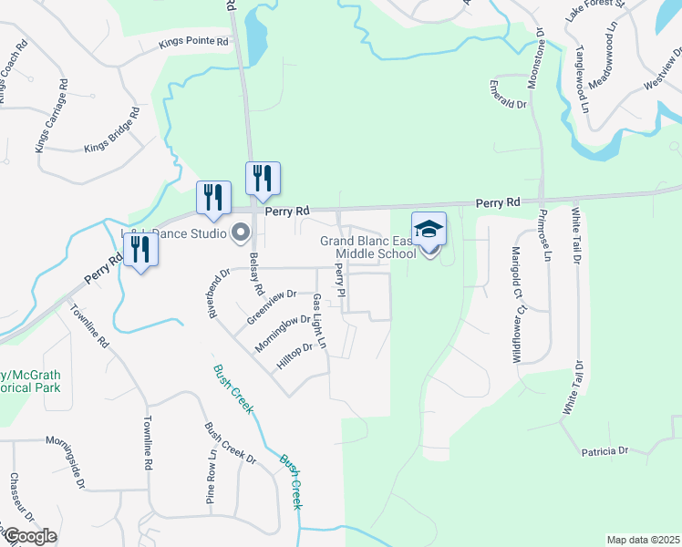 map of restaurants, bars, coffee shops, grocery stores, and more near 11914 Perry Place in Grand Blanc