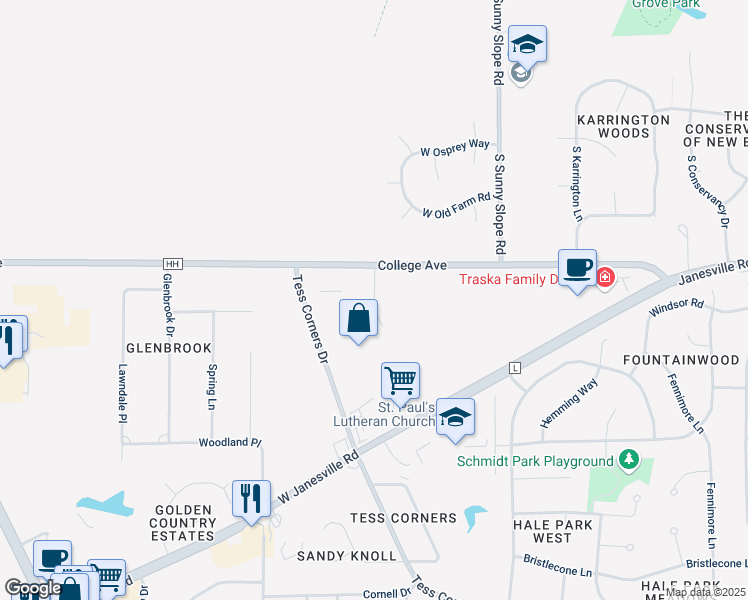 map of restaurants, bars, coffee shops, grocery stores, and more near College Court in Muskego