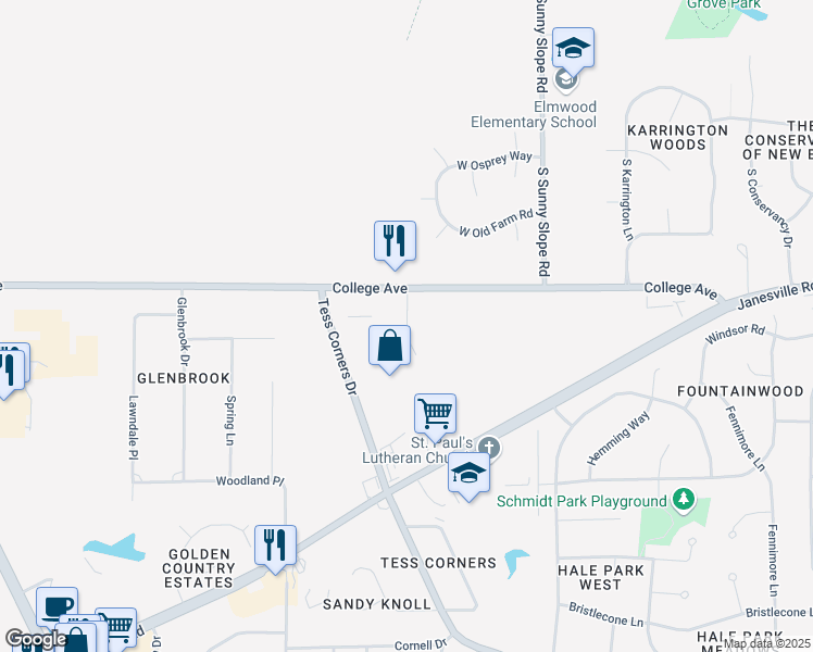 map of restaurants, bars, coffee shops, grocery stores, and more near College Court in Muskego