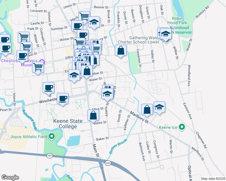 map of restaurants, bars, coffee shops, grocery stores, and more near 58 Willow Street in Keene