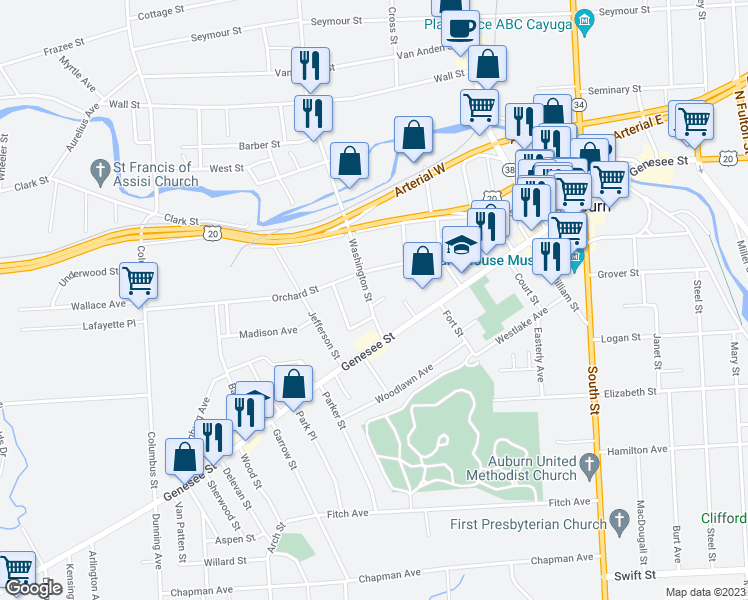 map of restaurants, bars, coffee shops, grocery stores, and more near 10 Washington Street in Auburn