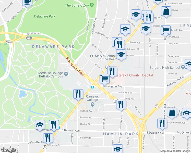 map of restaurants, bars, coffee shops, grocery stores, and more near 2151 Main Street in Buffalo
