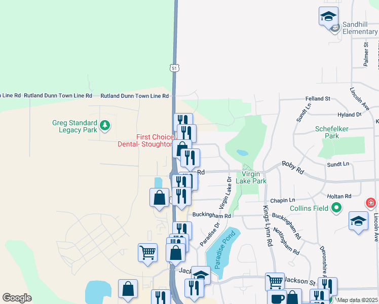 map of restaurants, bars, coffee shops, grocery stores, and more near 2308 Lake Woods Way in Stoughton