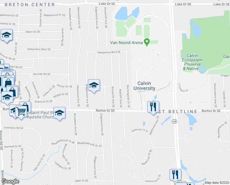 map of restaurants, bars, coffee shops, grocery stores, and more near 1904 Woodcliff Avenue Southeast in Grand Rapids