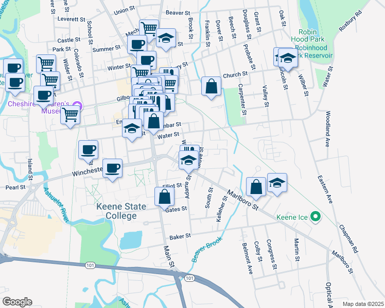 map of restaurants, bars, coffee shops, grocery stores, and more near 58 Willow Street in Keene