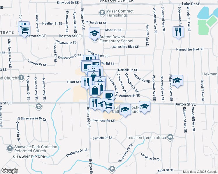 map of restaurants, bars, coffee shops, grocery stores, and more near 1904 Avondale Drive Southeast in Grand Rapids