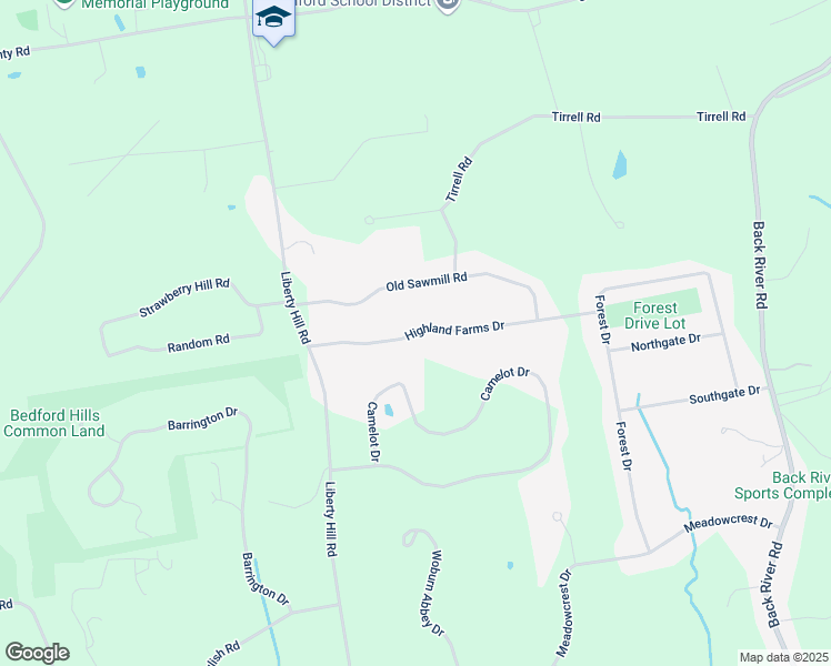 map of restaurants, bars, coffee shops, grocery stores, and more near 25 Highland Farms Drive in Bedford