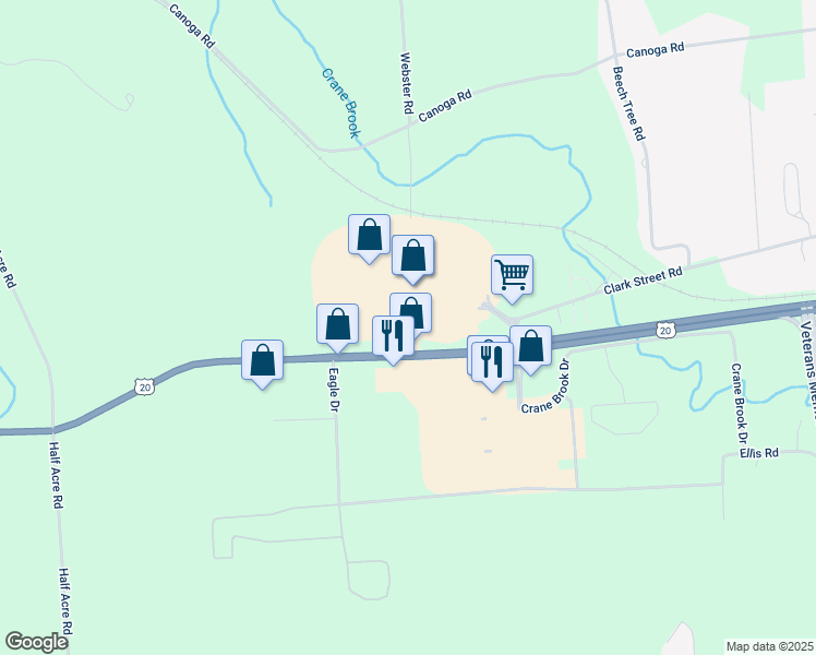 map of restaurants, bars, coffee shops, grocery stores, and more near Fingerlakes Mall in Auburn