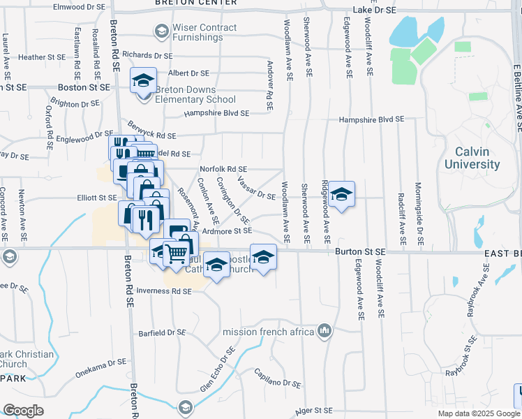 map of restaurants, bars, coffee shops, grocery stores, and more near 2734 Abigail Street Southeast in Grand Rapids