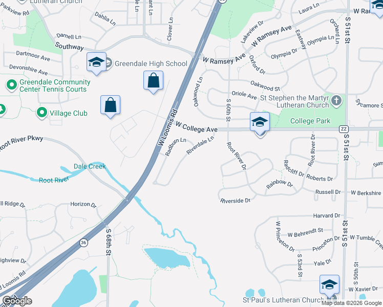 map of restaurants, bars, coffee shops, grocery stores, and more near 6508 Riverdale Lane in Greendale