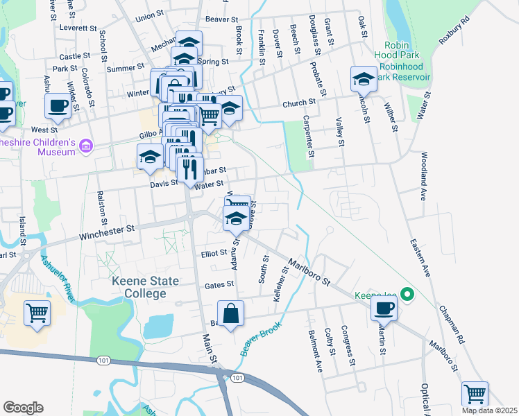 map of restaurants, bars, coffee shops, grocery stores, and more near 60 Grove Street in Keene