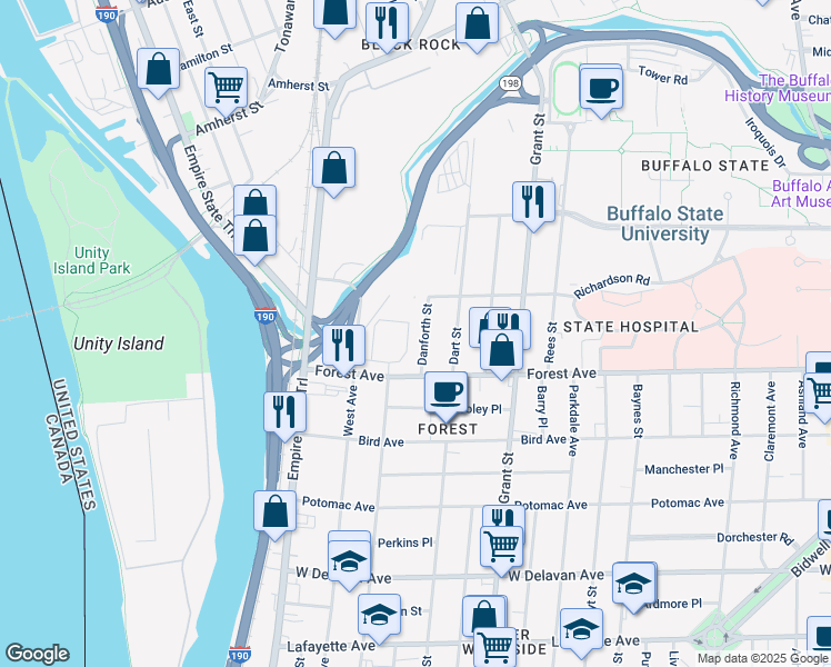 map of restaurants, bars, coffee shops, grocery stores, and more near 100 Forest Avenue in Buffalo