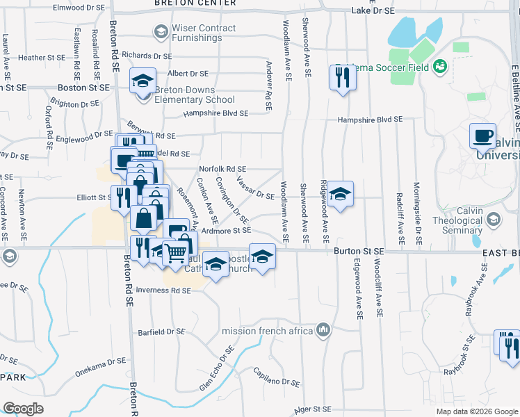 map of restaurants, bars, coffee shops, grocery stores, and more near 2734 Abigail Street Southeast in Grand Rapids