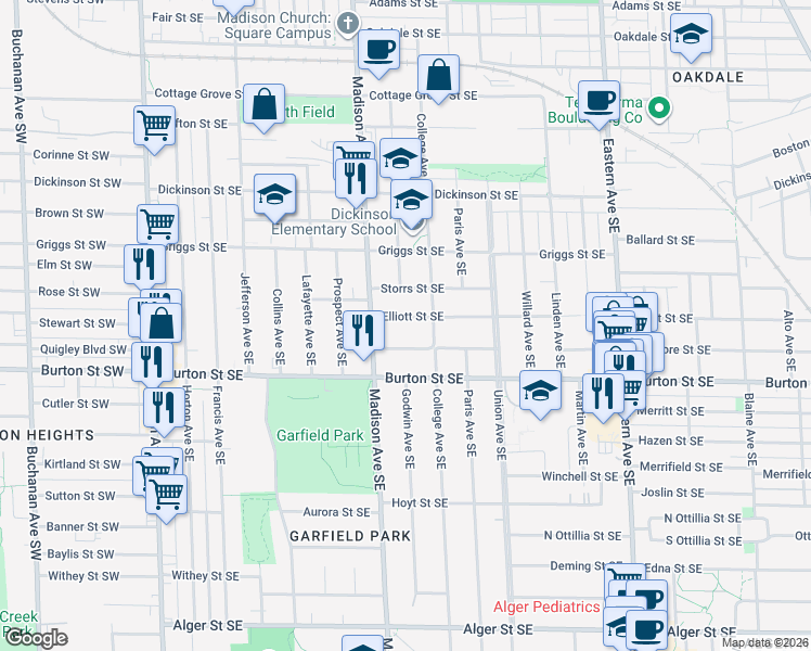 map of restaurants, bars, coffee shops, grocery stores, and more near 449 Ardmore Street Southeast in Grand Rapids