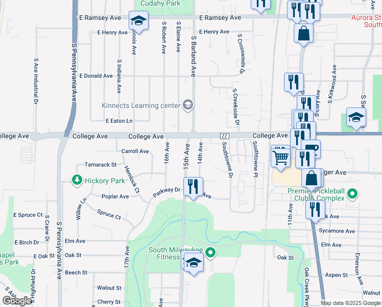 map of restaurants, bars, coffee shops, grocery stores, and more near 212 14th Avenue in South Milwaukee