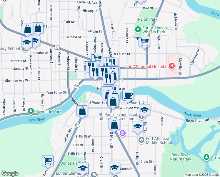 map of restaurants, bars, coffee shops, grocery stores, and more near in Fort Atkinson